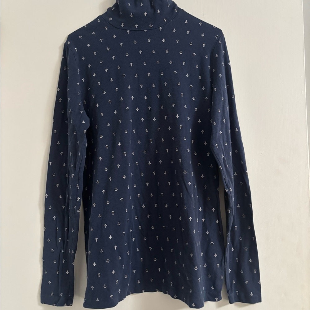 Lands' End Black Turtleneck with Cream Anchor Design